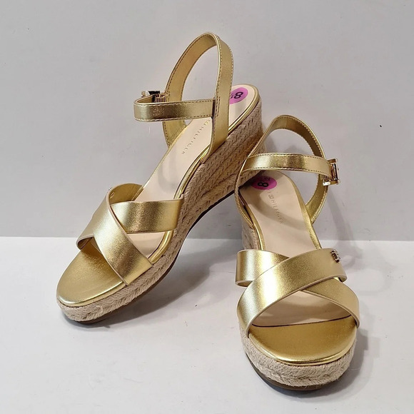 Tommy Hilfiger NEW Gold Platform Espadrille Ankle Strap Coquette Wedges Size 8.5 - Picture 8 of 13
